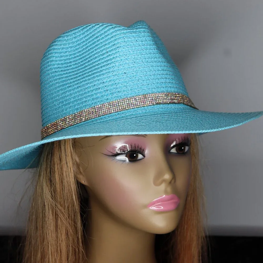 Women's Woven Fedora with Rhinestone Band - Light Blue - Picture 2 of 2